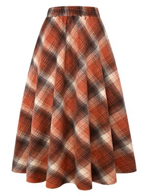 Long Plaid Wool Skirt for Womens Winter Fall Warm High Elastic Waist A line Flared Pleated Wool Tartan Skirts