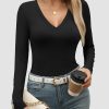 Womens Fall Deep V Neck Long Sleeve Shirts Modal Slim Fit Basic Tee Tops 2025