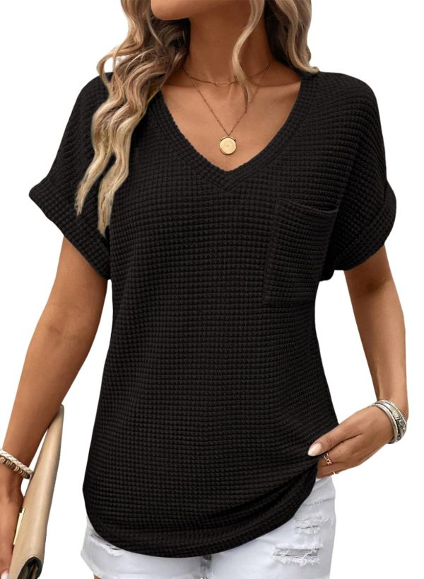 Womens Waffle Knit Tops 2025 Fall Summer V Neck Shirts Casual Trendy Women's Blouses Basic Tee