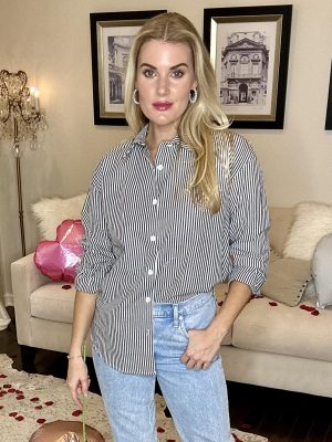 Striped Button Down Shirts for Women Casual Loose Long Sleeve Shirts Business Work Tunic Top