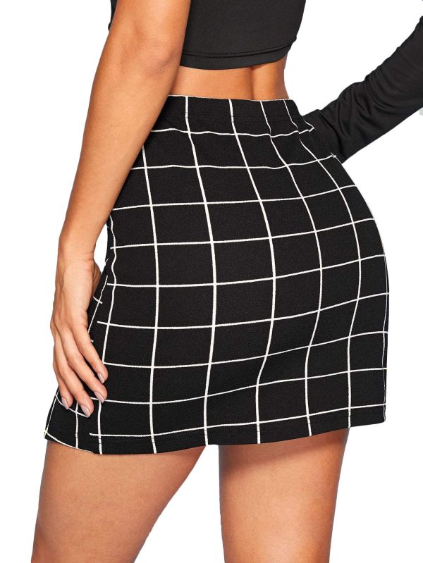 Women's Casual Split Hem High Waisted Mini Bodycon Plaid Skirt