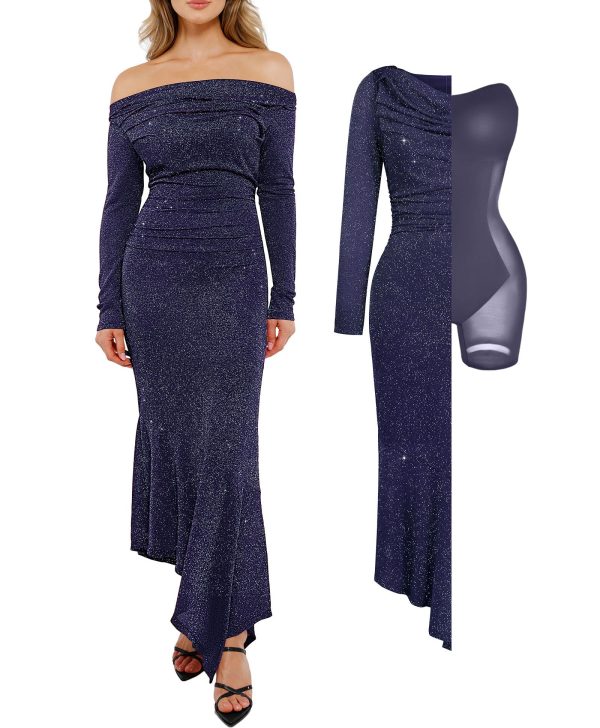 Sparkly Dresses for Women Long Sleeve Off The Shoulder Cocktail Dresses Bodycon Shapewear Mermaid Dress