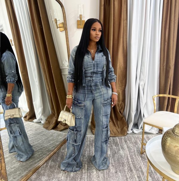 Women's Two Piece Denim Outfits Long Sleeve Cropped Jean Jacket Cargo Pants with Pockets Y2K Tracksuit Set