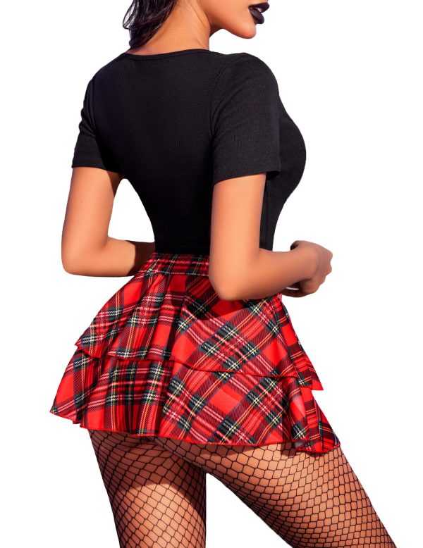 Womens Pleated Mini Skirt Solid Ruffle Lingerie Skirts Layered Y2K Plaid Outfit for Schoolgirl Role Play XS-4XL