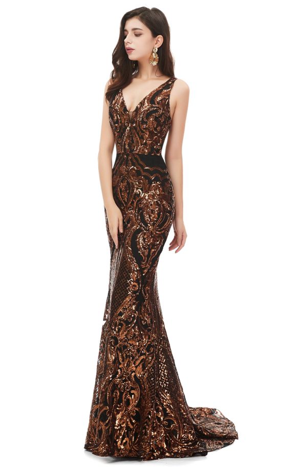 Women's V-Neck Sequins Sleeveless Lace-up Mermaid Evening Dress