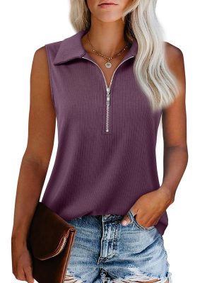 Womens Ribbed Tank Top Zipper V Neck Dressy Casual Blouses Sleeveless Camisole Tops Work Tank Polo Shirts