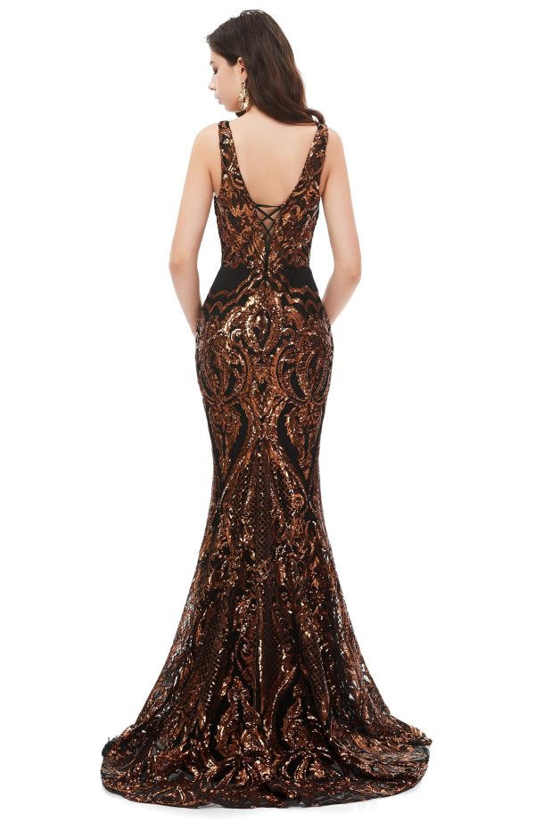 Women's V-Neck Sequins Sleeveless Lace-up Mermaid Evening Dress