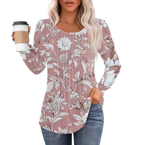 Womens Dressy Casual Long Sleeve Shirts Floral Print Fall Clothes Trendy Crew Neck Graphic Tees Basic Tops