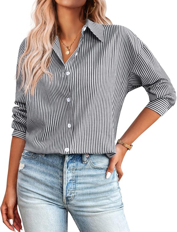 Striped Button Down Shirts for Women Casual Loose Long Sleeve Shirts Business Work Tunic Top