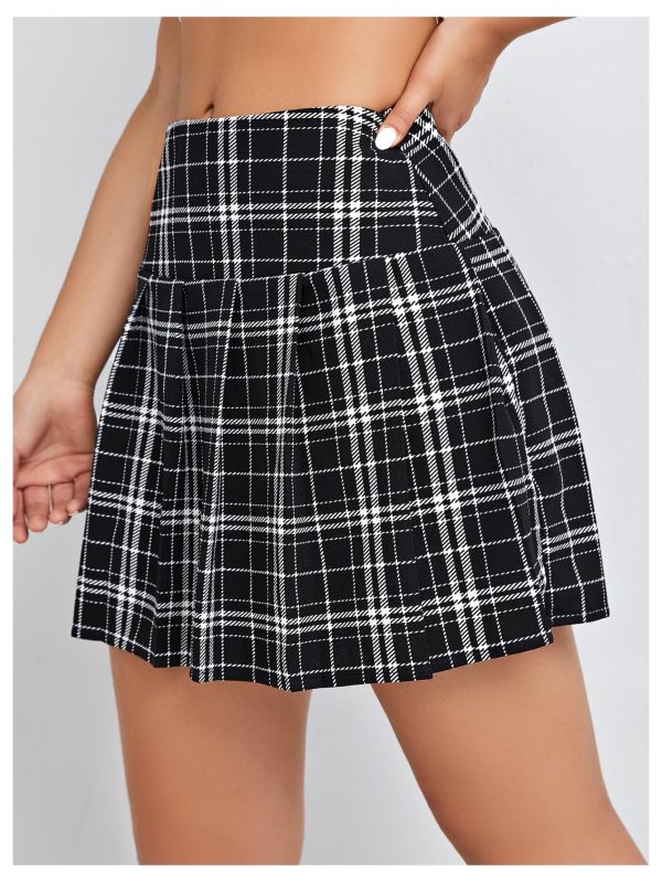 Women Plaid Print High Waist Pleated Skirt Trendy Short Skirts