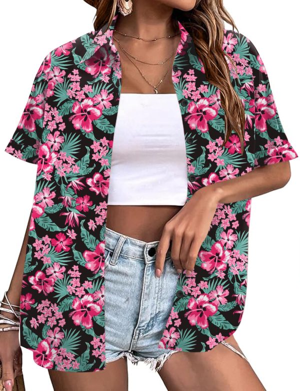 Women's Summer Hawaiian Shirts Floral Short Sleeve Button Down Shirts Hawaii Tropical Beach Tops Outfits