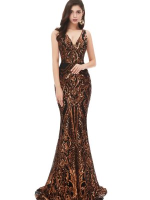 Women's V-Neck Sequins Sleeveless Lace-up Mermaid Evening Dress