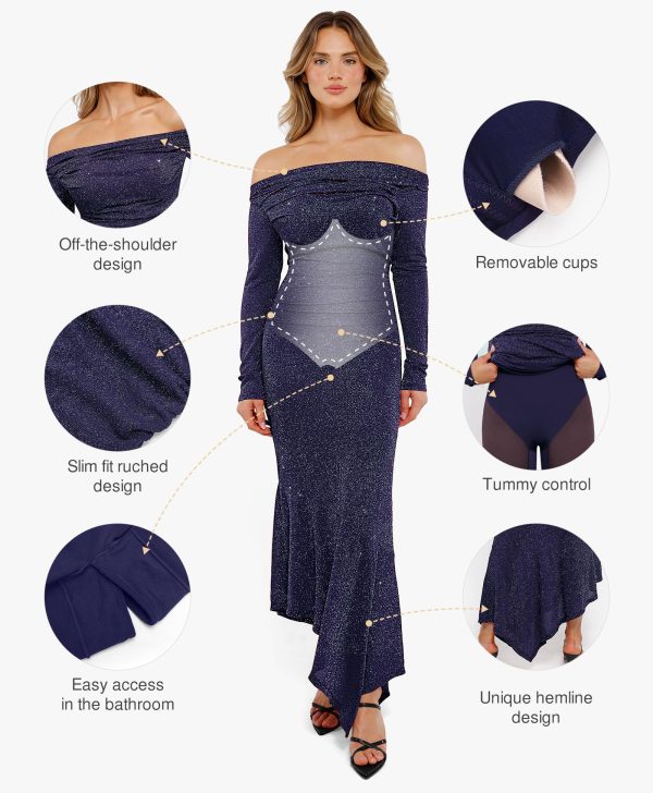 Sparkly Dresses for Women Long Sleeve Off The Shoulder Cocktail Dresses Bodycon Shapewear Mermaid Dress