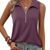 Womens Ribbed Tank Top Zipper V Neck Dressy Casual Blouses Sleeveless Camisole Tops Work Tank Polo Shirts