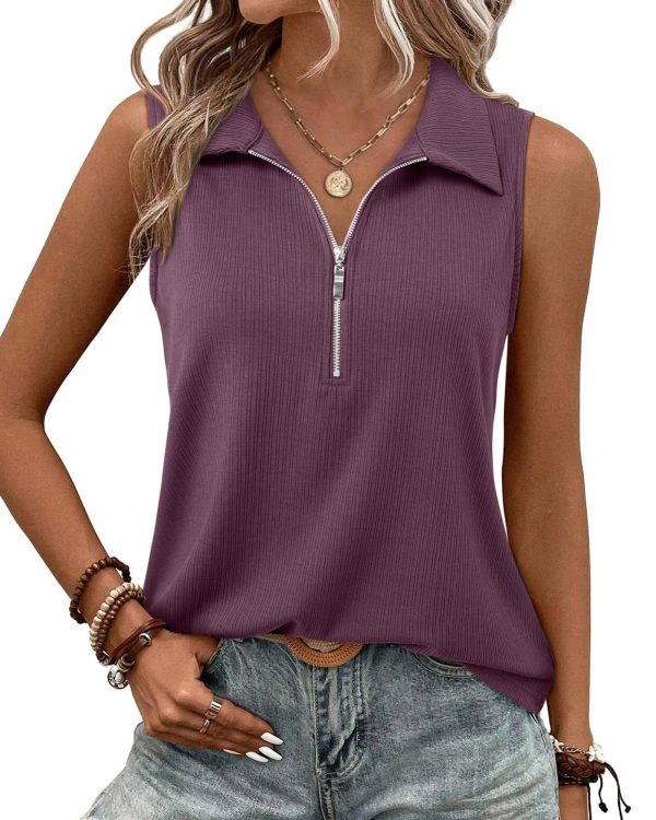 Womens Ribbed Tank Top Zipper V Neck Dressy Casual Blouses Sleeveless Camisole Tops Work Tank Polo Shirts
