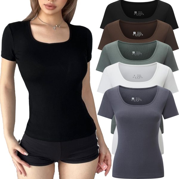 5 Pack Short Sleeve for Womens Square Neck T Shirts Fashion Casual Basic Tees Tops Summer Outfits Clothes 2025
