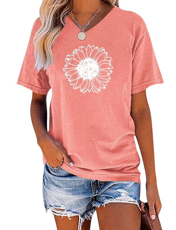 Women's Short Sleeve V Neck Sunflower Graphic Printed Summer Tee Vintage T Shirt Cotton Tops Novelty Cool Shirt