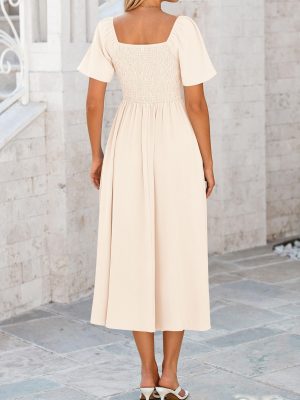 2025 Summer Dress for Women Casual Short Sleeve Bow Tie V Neck Ruffle Midi Flowy Dresses