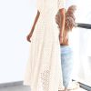 Womens 2025 Summer Maxi Dress Short Sleeve V Neck Hollow Out Eyelet A Line Long Flowy Beach Vacation Dresses