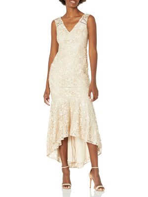 Women's Gardenia Guipure Long Dress with Trimming Details