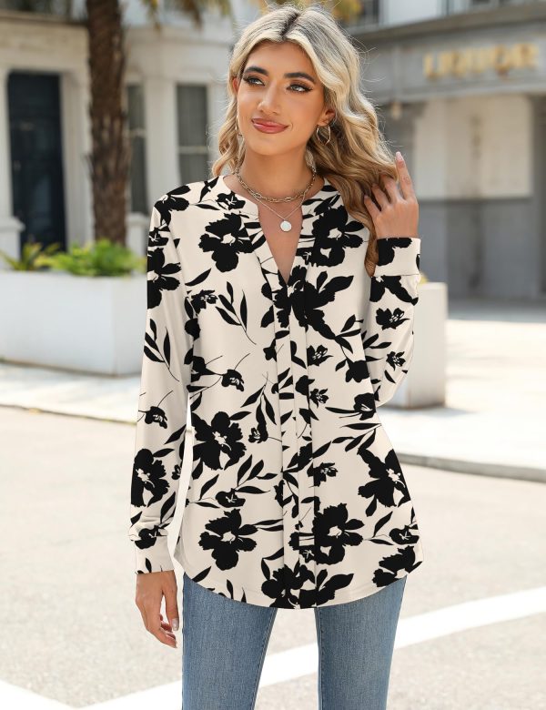 Womens Tops Dressy Casual Long Sleeve Business Shirts V Neck Pleated Work Blouses Loose Fit Fall Trendy Knit Top