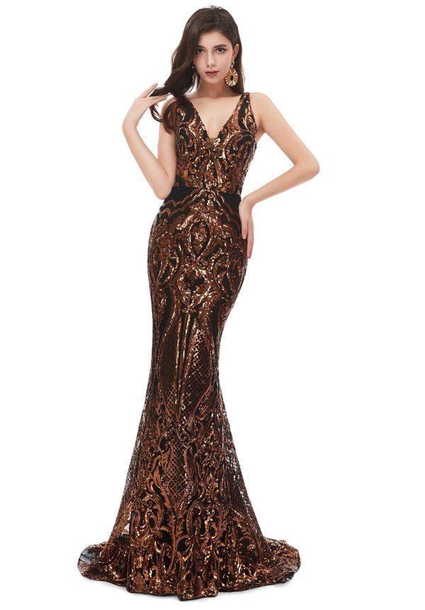 Women's V-Neck Sequins Sleeveless Lace-up Mermaid Evening Dress
