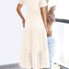 Womens 2025 Summer Maxi Dress Short Sleeve V Neck Hollow Out Eyelet A Line Long Flowy Beach Vacation Dresses