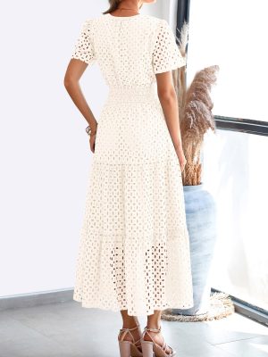 Womens 2025 Summer Maxi Dress Short Sleeve V Neck Hollow Out Eyelet A Line Long Flowy Beach Vacation Dresses