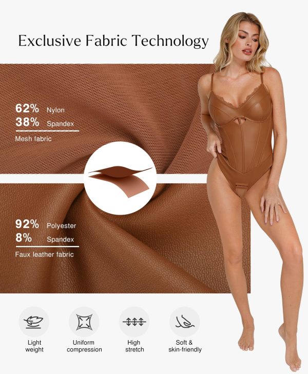 Leather Bodysuits for Women Tummy Control Shapewear Lace V Neck Corset Tops Faux Leather Thong Body Suits
