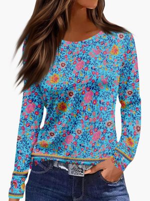 Ladies Trendy Round Neck Tops Long Sleeve Fall Outfits Lightweight Floral Print Graphic Tees Basic Shirts