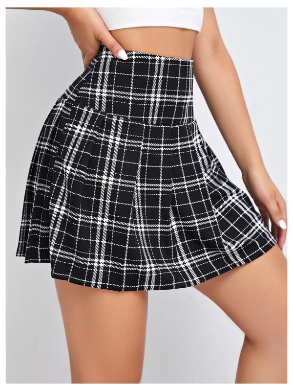 Women Plaid Print High Waist Pleated Skirt Trendy Short Skirts