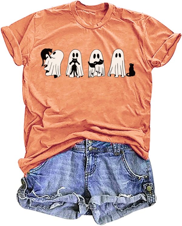 Halloween Ghost Cat Shirts for Women Cat Lovers T-Shirt Gifts Retro Fall Spooky Season Tees Tops