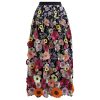 Women 3D Floral Applique Embroidery Maxi Skirt Elastic High Waist A-Line Garden Party Mesh Tulle Skirt